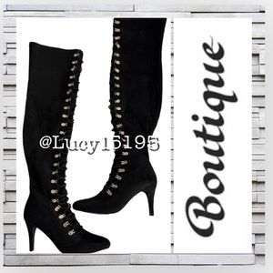 ❤️NWOT Unbranded Faux Black Suede & Gold Lace Up Thigh High Boots